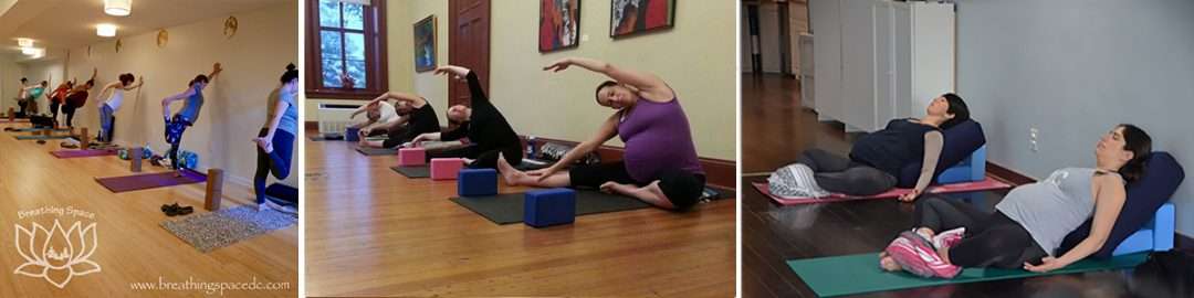 collage of prenatal yoga class photos